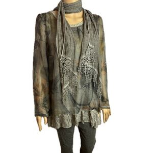 Flora Ashley chiffon fully lined blouse with sheet sleeves and bobbin lace scarf